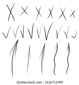 Handgezeichnete Kontrollmarken, Pfeile und Kreuz-Schilder. Dauerhafte Doppel-Auswahlfelder Antworten Test, Bestätigung, Negation-Symbole. Vorlage für Auswahlfelder, Abstimmungsset. Vektorgrafik einzeln.