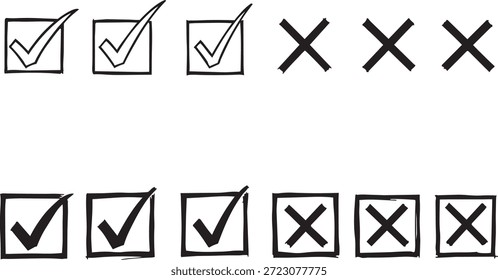 Marcas de verificación dibujadas a mano y cuadros cuadrados de Iniciar sesión cruzados, conjunto de marcas de Vector e íconos x para lista de verificación, Encuesta, voto, gestión de tareas y Comentarios