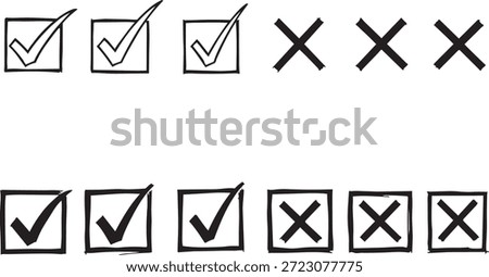 Hand drawn check marks and cross signs in square boxes, set of vector tick and x icons for checklist, survey, vote, task management and feedback