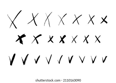 Hand drawn check marks and crosses signs. Doodle checkmarks answers in test, confirmation, negation icons. Checklist marks template, voting set. Vector flat illustration isolated on white.