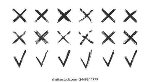 Hand drawn check marks and crosses. Set of black grunge signs, symbols, marks. Vector illustration.