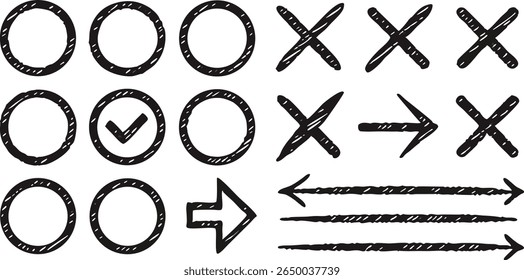 Hand drawn check marks crosses and arrows set