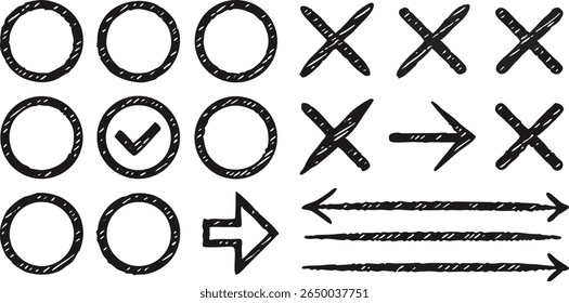 Hand drawn check marks crosses and arrows