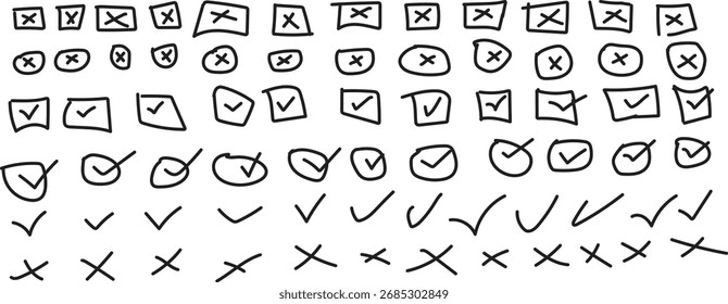 Hand Drawn Check Marks And Crosses In Various Shapes On White Background tick wrong