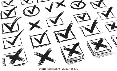 Las marcas de verificación dibujadas a mano y las cruces en las cajas simbolizan decisiones y elecciones en una simple ilustración en blanco y negro.