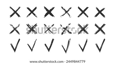Hand drawn check marks and crosses. Set of black grunge signs, symbols, marks. Vector illustration.