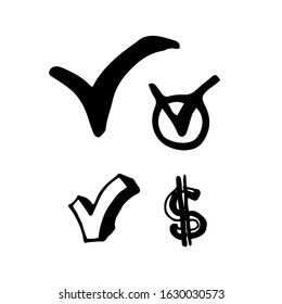 Hand drawn check marks and dollar sign in doodle style isolated on white background. Vector outline illustration. Sketchy elements. business characters. Planning day, year, month. Single line art.