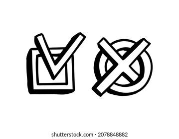 Marcas de verificación dibujadas a mano. Casilla de garrapatas y cruza en forma redonda. Acepta o no está de acuerdo. Ilustración vectorial aislada en fondo blanco.