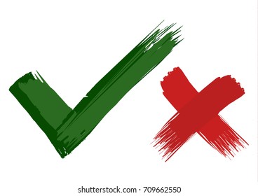 Hand Drawn Check Marks Painted with Brush in Green & Red. Vector Illustration