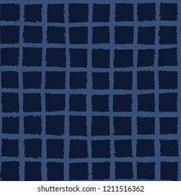 Hand Drawn Check Pattern Seamless Vector Pattern. Indigo Blue Grunge Grid Background Texture Illustration for Trendy Home Decor, Masculine Fashion Prints, Japanese Style Dye Wallpaper, Textiles. 