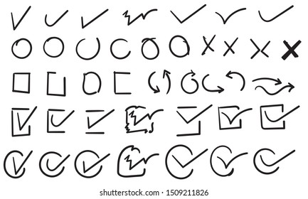 hand drawn check sign mark collection doodle style vector
