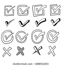 Hand Drawn Check Signs. Doodle V Mark For List Items, Checkbox Chalk Icons And Sketch Checkmarks Doodle Cartoon Style Vector