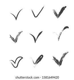 Hand drawn check signs. Doodle v mark for list items, checkbox chalk icons and sketch checkmarks.