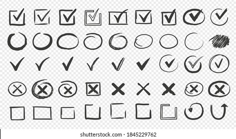 Hand drawn check signs. Doodle checkmarks and crosses. Empty and filled boxes for answers in test, confirmation or negation icons. Checklist pencil marks template, vector voting isolated flat set