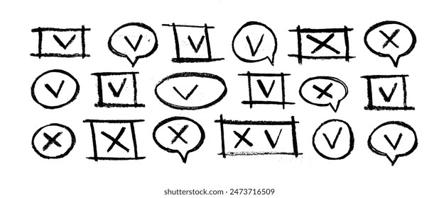 Hand drawn check signs. Doodle v mark for list items, checkbox chalk icons and sketch checkmarks. Vector checklist marks icon set
