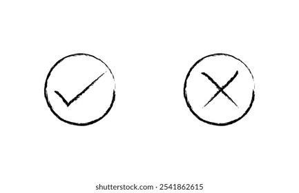 Hand drawn check signs. Doodle mark for list items, checkbox chalk icons and sketch checkmarks. Vector checklist marks icon set. Black right wrong icon set. Eps 10.