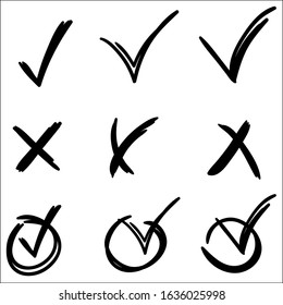 Hand drawn check signs. Vector checklist marks icon set.