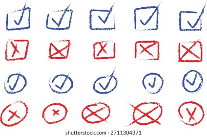 Conjunto de iconos de marca de verificación dibujado a mano conjunto de Vectores de garabatos. Icono de casilla de verificación con Botones correctos e incorrectos e íconos de marca de verificación sí o no en la casilla de verificación azul y la cruz roja. Perfecto para presentaciones, infografía