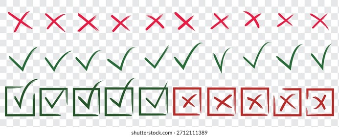 hand drawn check tick mark icon set. tick, cross signs for checkbox, checklist, v and x in sketch doodle brush marker checklist symbol wrong right circle. vector illustration