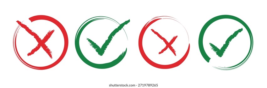  Conjunto de iconos de marca de verificación dibujado a mano. dibujado a mano dibujar dibujar doodle brush marker checklist símbolo círculo derecho incorrecto. Ilustración vectorial.