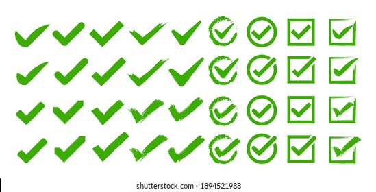 Hand drawn checkbox. Checklist marks. Check mark icon set in different styles. Vector illustration