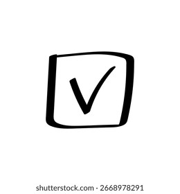 A hand drawn checkbox with a clear checkmark inside a square box. ideal for selection or confirmation.