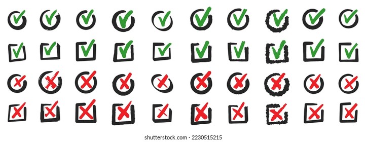 Hand drawn checkbox, examination mark and checklist marks. Doodle check marks. Check signs sketch, voting agree checklist mark or examination task list. sign Isolated vector illustration symbols set.