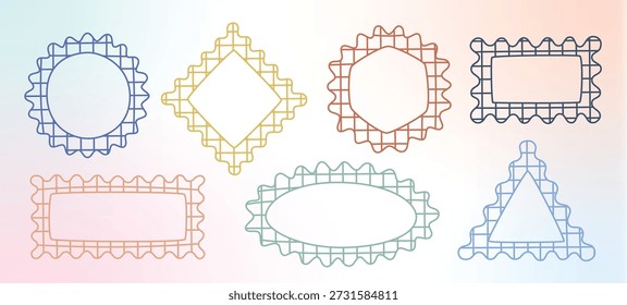 Hand drawn checkered geometric shapes, figures. Cute y2k squiggle frames. Bold bordered vector frameworks, rectangle, triangle