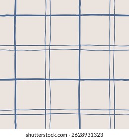 Hand drawn checkered grid seamless pattern. Background with blue stripes. One color sketch. Simple geometric repeating wallpaper. Graphic textures for decoration.