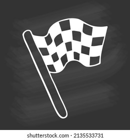 Hand drawn checkered racing flag on chalkboard. Starting flag auto and moto racing in doodle style. White outline on black background. Vector element for card, poster, social media banner, sticker.