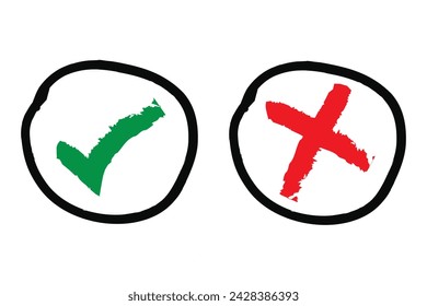 Hand drawn checklist signs. Set of hand drawn arrows. Vector illustration. Vector set of hand drawn green check mark and red cross mark isolated