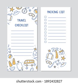 Hand drawn checklist of travel summer vacation elements, luggage, map, suitcase, sea star. Doodle sketch style. Travel element drawn by digital pen. Illustration for packing list card design template.