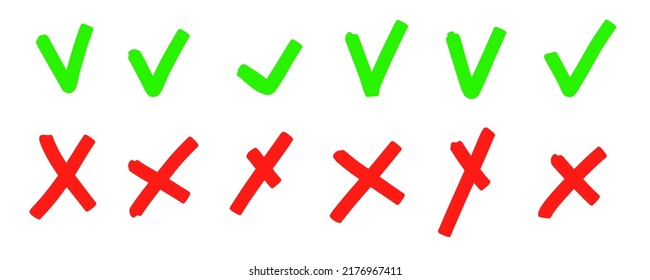 Hand drawn checkmark cross sign. Marker brush check marks answers in test, confirmation, negation icons. Checklist marks template, voting set. Vector flat illustration isolated on white.