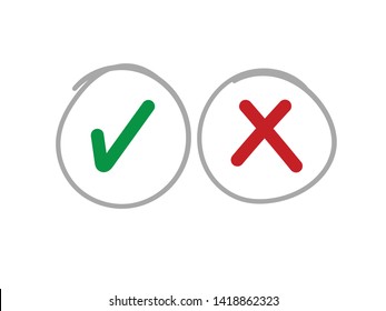 Hand Drawn Checkmark Icons. Green Tick And Red X Cross Doodles.