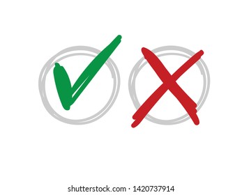 Hand drawn checkmark icons. Green Tick and Red x cross doodles.