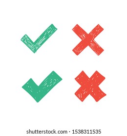 Hand drawn checkmark icons. Green tick and red X cross. Vector doodles.