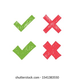 Hand drawn checkmark icons. Green tick and red X cross. Vector doodles.