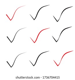 Marca de verificación dibujada a mano establecida en rojo/negro