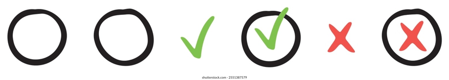 Hand drawn checkmark and X mark icon. Check and uncheck icon vector. Validation icon vector. For apps and websites.