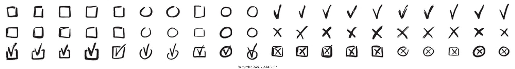 Hand drawn checkmark and X mark icon. Check and uncheck icon vector. Validation icon vector. For apps and websites.