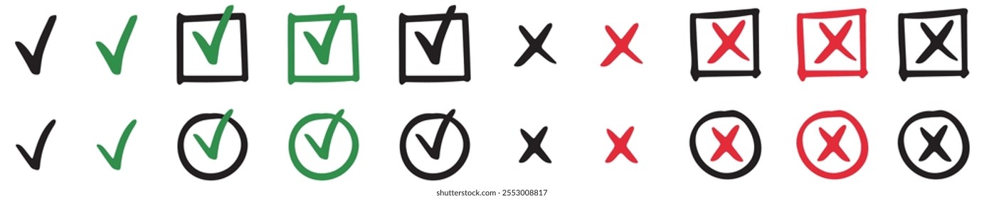 Hand drawn checkmark and X mark icon. Check and uncheck icon vector. Validation icon vector. For apps and websites.