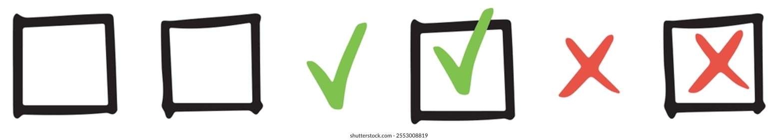 Hand drawn checkmark and X mark icon. Check and uncheck icon vector. Validation icon vector. For apps and websites.