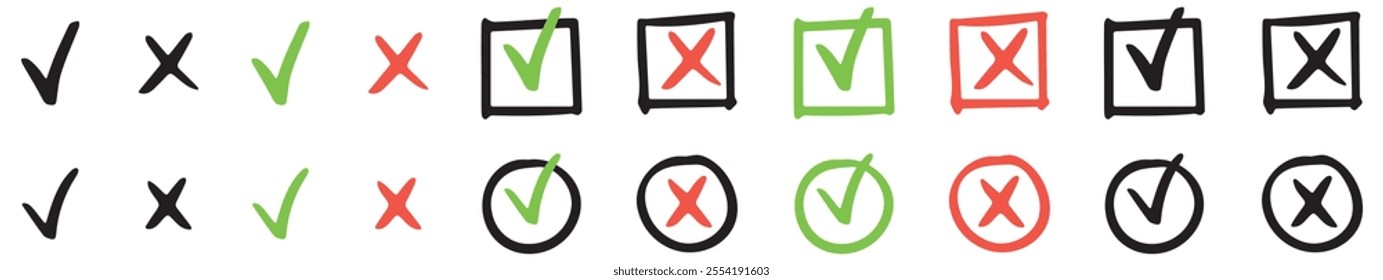 Hand drawn checkmark and X mark icon. Check and uncheck icon vector. Validation icon vector. For apps and websites.