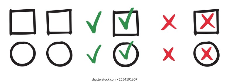 Hand drawn checkmark and X mark icon. Check and uncheck icon vector. Validation icon vector. For apps and websites.