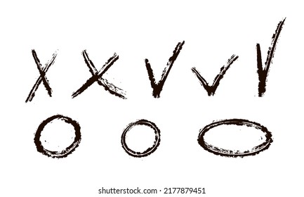 Hand drawn checkmarks crosses signs. Grunge check marks answers in test, confirmation, negation icons. Checklist marks template, voting set. Vector flat illustration isolated on white.