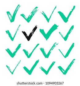 Hand drawn checkmarks. Handdrawn check marks, ticks icons set. Vector illustration isolated on white background