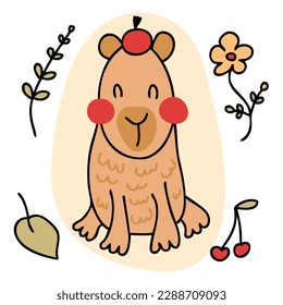 Hand drawn cheerful capybara in doodle style. Perfect for tee, stickers, poster, card. Isolated vector illustration for decor and design.
