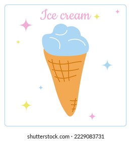 Helado alegre y delicado a mano en cono, estilo de doodle. Helado colorido. Brillante tarjeta de saludo de verano, plantilla para invitaciones, carteles, afiches. Icono de color simple. Ilustración del vector