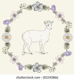 Hand drawn cheerful goat and floral frame. Ornate colorful illustration. Vintage engraving style