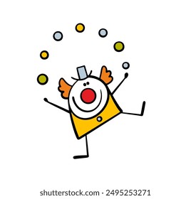 Hand drawn cheerful red-haired clown performs in a circus or theater. Cartoon vector illustration of an artist showing act on a performance. Doodle man is juggling balls.